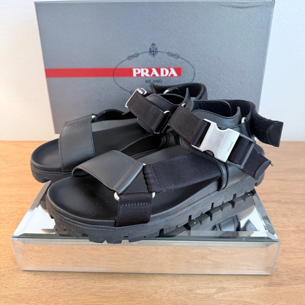 Prada Mens Black Leather Textile Lug Sole Buckle Sandals 2X3055 Size 6 Italy